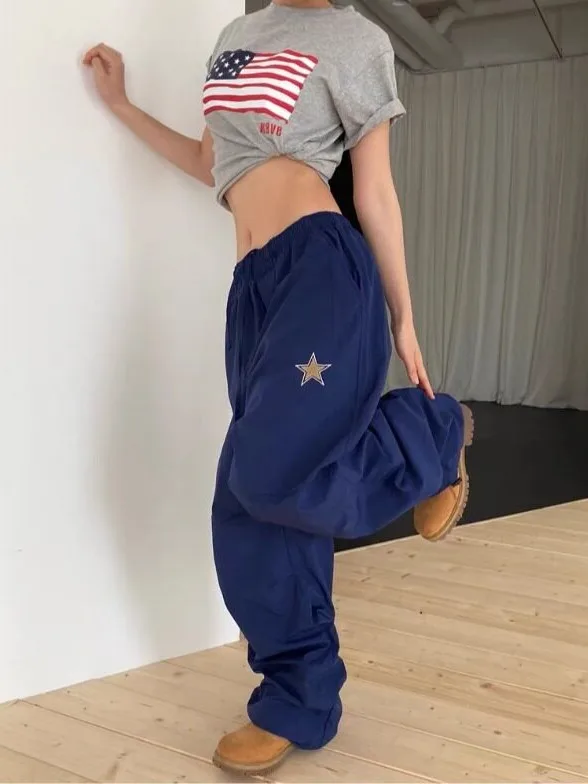 Retro Embroidered Star Nylon Drawstring Trousers Casual Unisex Umbrella Pants Spring Autumn Winter Women's Fashion Streetwear