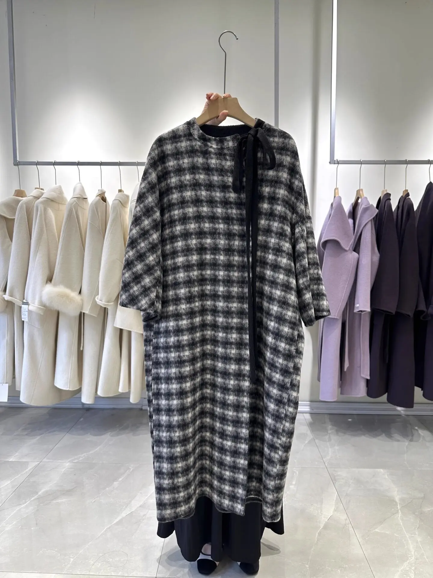 Women New Fall Winter Luxury Camel Hair Korean Gingham Double Faced Wool Long Cape Coat Stand Collar Bow Tie Loose Warm Outer