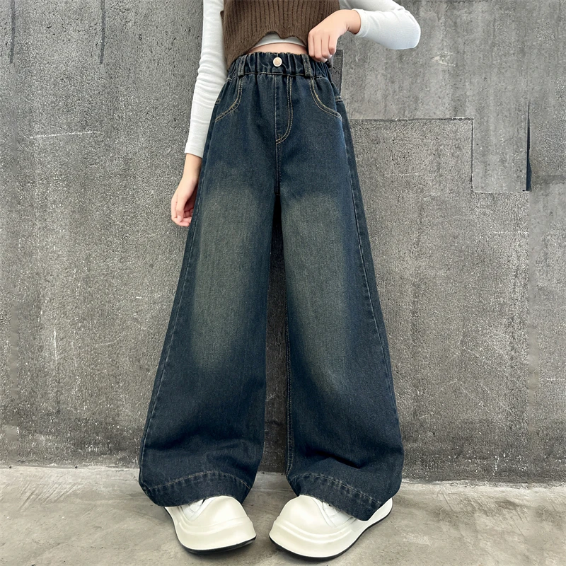 ZOETOPKID Child Fashion High-Waisted Wide-Leg Jeans Tween Girls Streetwear Loose Denim Pants Kids Washed Dark Blue Trousers