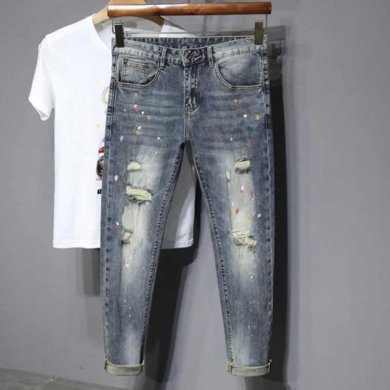 

Fashion Luxury Clothing Men's Casual Slim Fit Spring Autumn Denim Stylish Pencil Pants and Distressed Boyfriend Classic Jeans