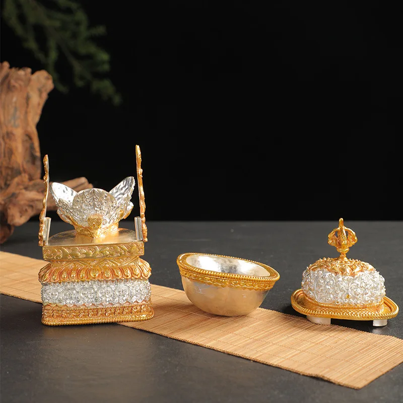 Nepal Handmade Gilded Silver Torma Set Mandala Plate Buddhist Altar Decor