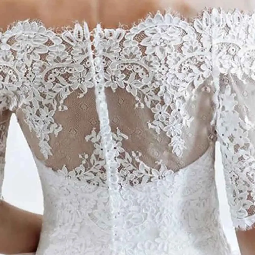 Personalizado fora do ombro vestido de casamento de renda para noiva laço cinto vestido de baile vestidos de novia botão voltar inchado vestido de noiva