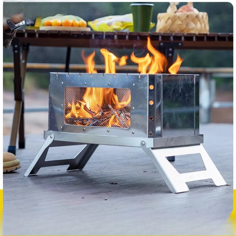 

Portable folding grill household mini grill small card heating stainless steel wood stove