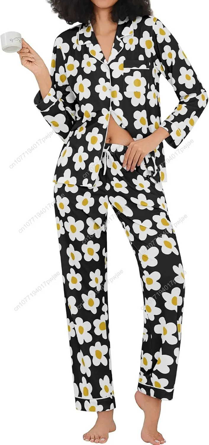 SWOMOG Damen-Pyjama-Set, langärmelig, Nachtwäsche, Knopfleiste, Nachtwäsche, weiche Baumwolle, Pj-Lounge-Sets