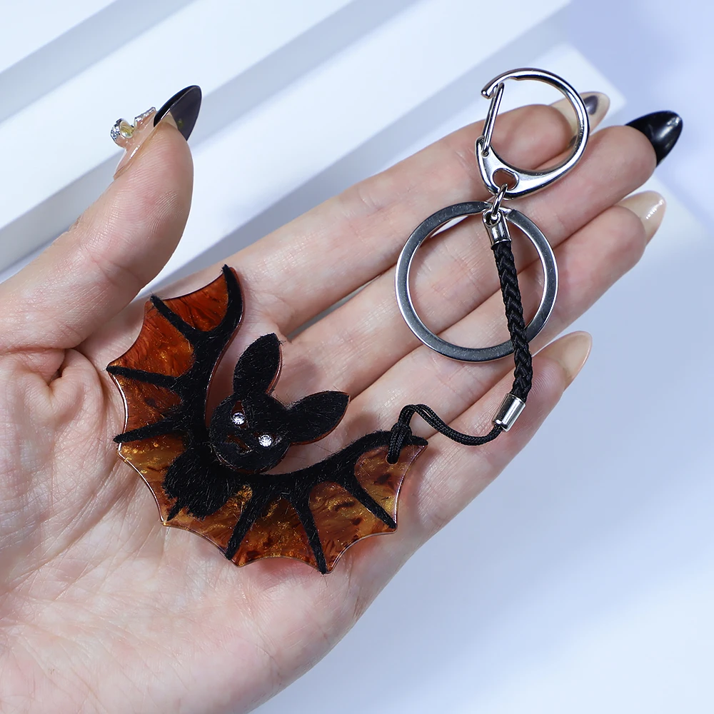 Handmade Arcylic Keychain Cute Animal Halloween Bat Stainless Steel Key Ring Key Chain for Women Girl Gifts Jewelry Accessories