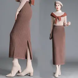 Fashion Elastic Waist Solid Color Slit High Waist Skirt Women's Clothing Winter Loose All-match Knitted Skirts