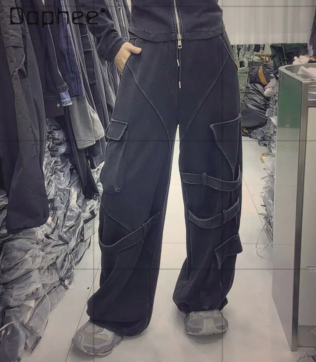 

Black Jeans Women Heavy Industry Deconstructed Ribbon Street Dance Jeans Hip Hop Multi-Pocket Wide Leg Vintage Punk Cargo Pants