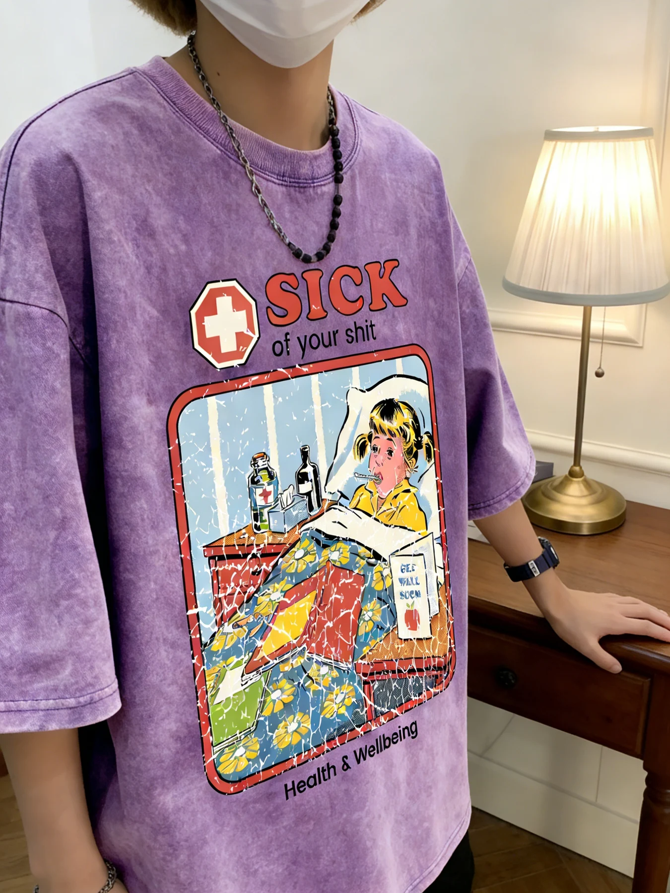 Bawełniana koszulka damska oversize z efektem sprania, vintage nadruk Sick Girl, oddychająca bluzka na wiosnę i lato, styl Y2K retro casual streetwear