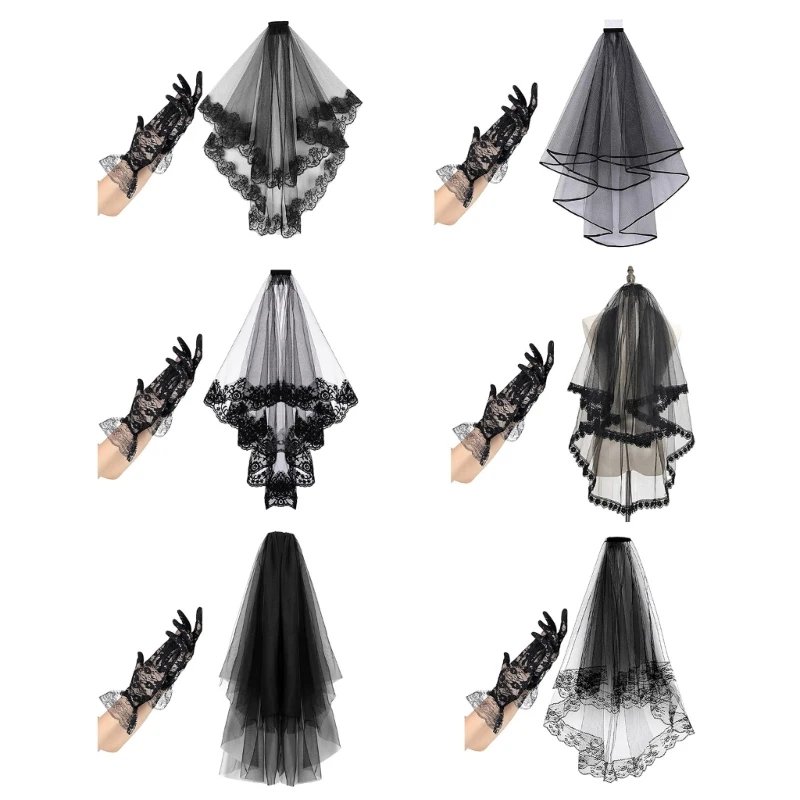 

Halloween Black Lace Veil and Gloves Set Elegant Tulle Costume Accessories Headpieces for Women Masquerade Party Outfit