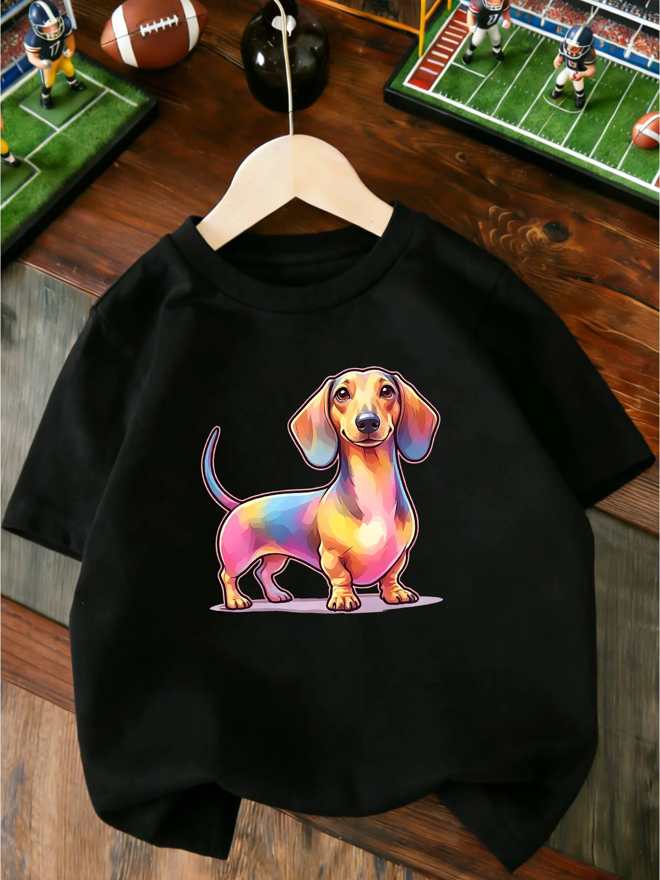 Colorful Tie Dye Dachshund Dog Cartoon Print T Shirt Boys Girls Lovely Short Sleeve Tee Family Matching Kids Cotton Tops