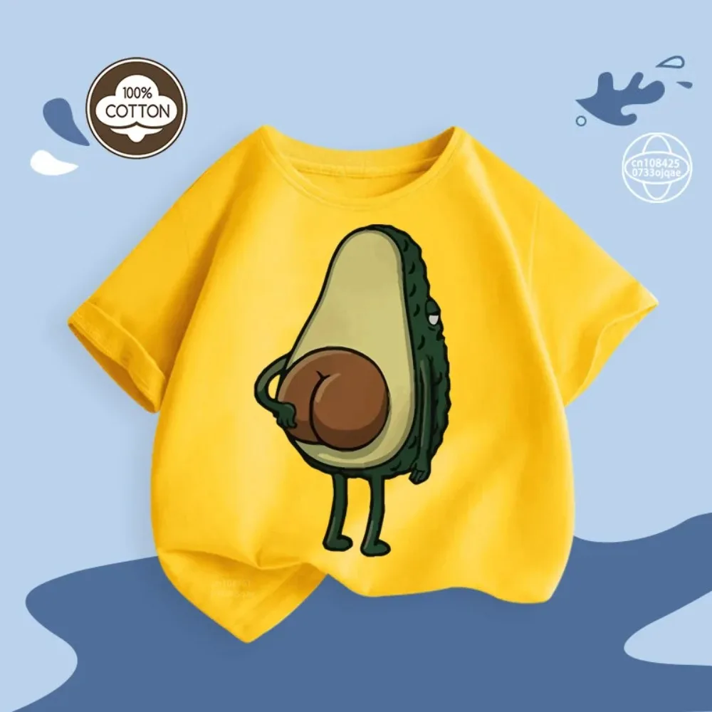 Pure Cotton T-shirt Round Neck Avocado Cartoon Print Summer Short-sleeved Tops for Boys and Girls Casual Children\'s Wear 100-160