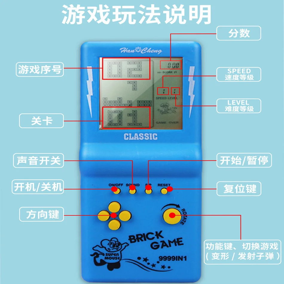 Large screen Tetris game console, retro classic nostalgic puzzle electronic toy, prepare two No. 5 batteries for yourself