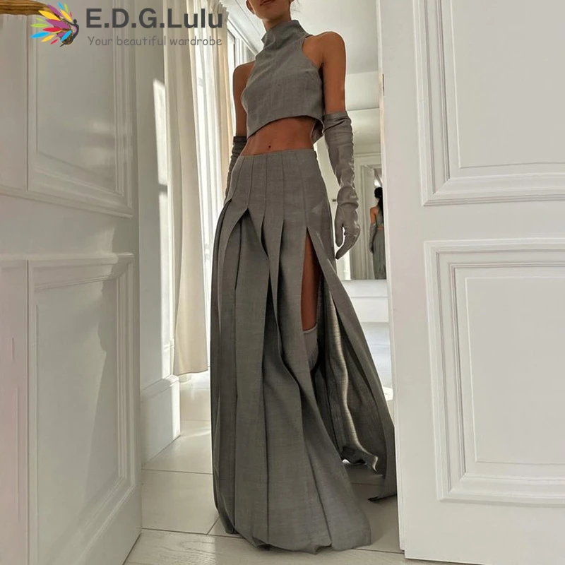 

EDGLuLu Womens 2 Piece Outfit Set Design Stand Collar Sleeveless Vest Top+High Waisted Slit Pleated Long Skirt Gray Suit 0722