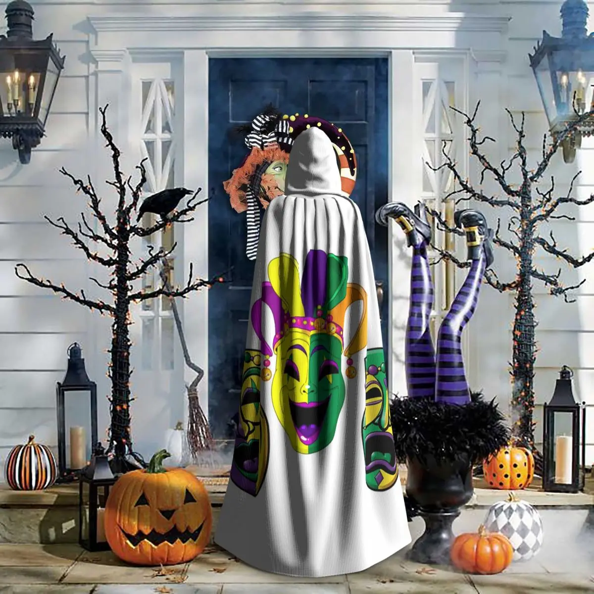 Mardi Gras Comedy And Tragedy Masks Long Hooded Cloak Witch Medieval Costume Cosplay Cape HalloweenParty Adult Unisex view 5