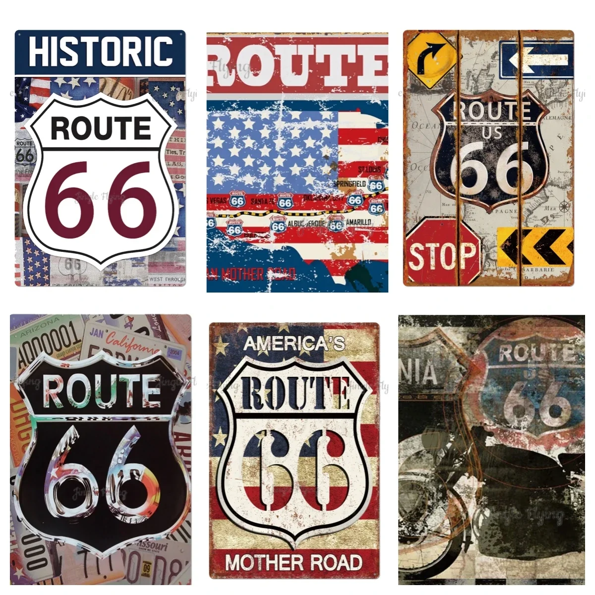 США Исторический маршрут 66, металлические вывески, гаражные знаки, жестяная пластина, бар, настенный декор, табличка, потертый шик, карта, винтажная табличка