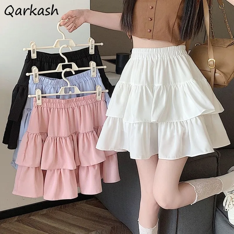 

Ruffled Cake Skirts for Women High-waisted A-line Solid All-match Sweet Lovely Girls Korean Style Gentle Spring Kawaii Casual