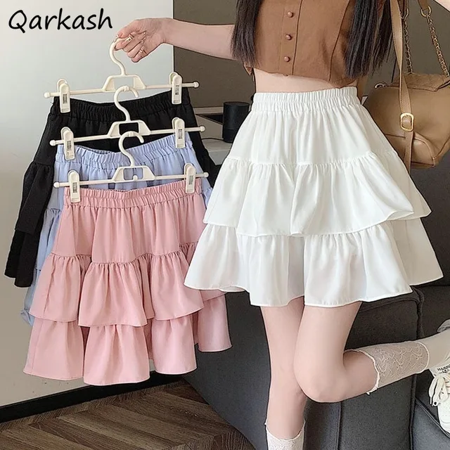 Potargane spódnice z ciasta dla kobiet z wysokim stanem w kształcie litery A Solidne, dopasowane, słodkie, urocze dziewczyny w stylu koreańskim Delikatna wiosna Kawaii Casual