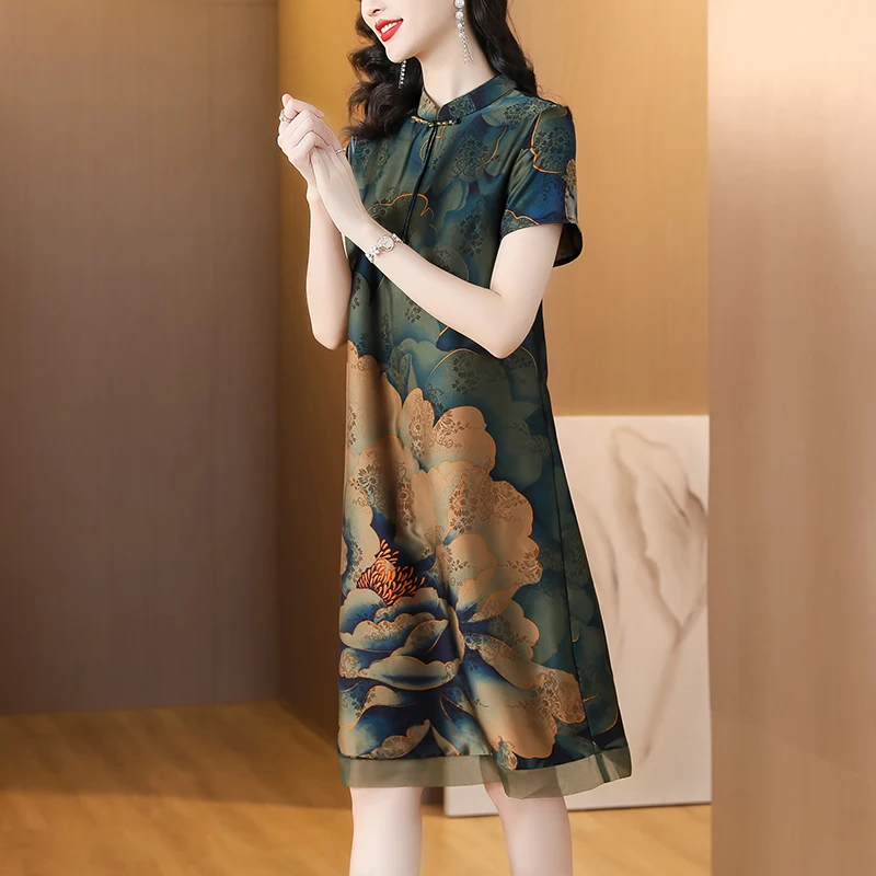 2023 New Fashion Silk Printed Dress Women's Summer Versatile Improved Qipao Short Sleeve Loose Fit Casual Holiday Dress Vesidos