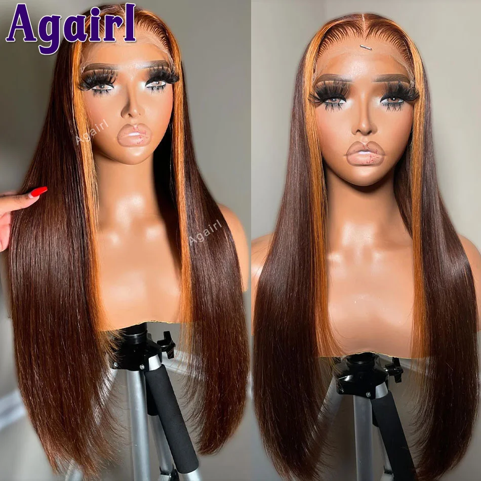 

Ginger Brown 13x6 Lace Frontal Human Hair Wigs PrePlucked Glueless 13x4 Lace Front Straight Wigs for Black Women Brown Highlight