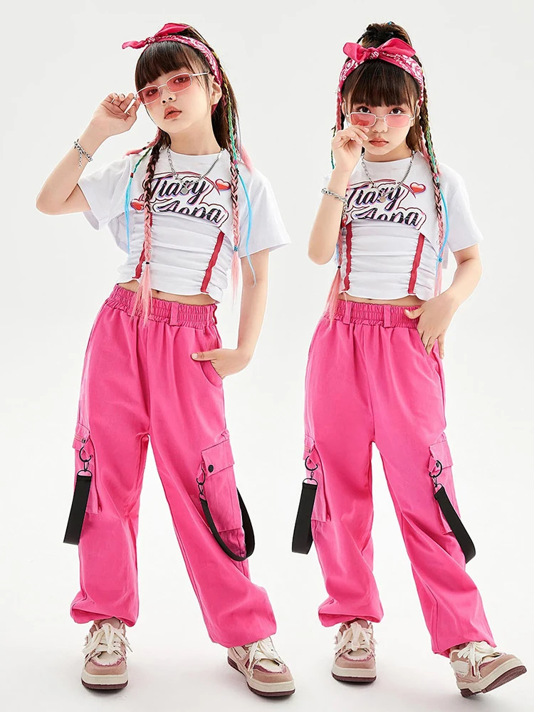 ジャズダンス服-女の子のショートトップ,ピンクのカーゴパンツ,10代のヒップホップのパフォーマンススーツ,コンサートステージ衣装