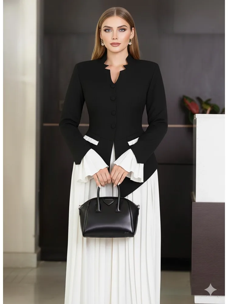 Elegancka damska marynarka Freeacy w stylu retro z kołnierzem mandaryńskim, jednorzędowa, asymetryczna, z kontrastowym podkreśleniem talii, idealna do biura.