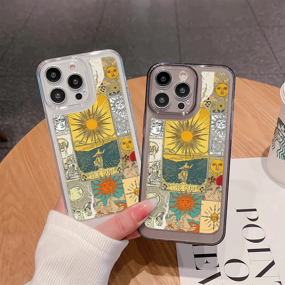 Tarot Sun Graffiti Printed Phone Case For iPhone 11 12 13 14 15 16 17 18 Pro Max Transparent soft shell