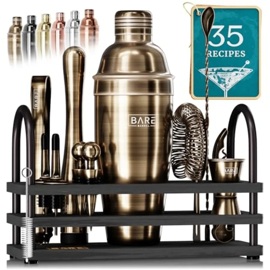 

14-Piece Cocktail Shaker Set | Martini Barware Mixing Tools for Home Bartending | 35 Recipe Cards | Gift Set (24oz Cobbler Shake