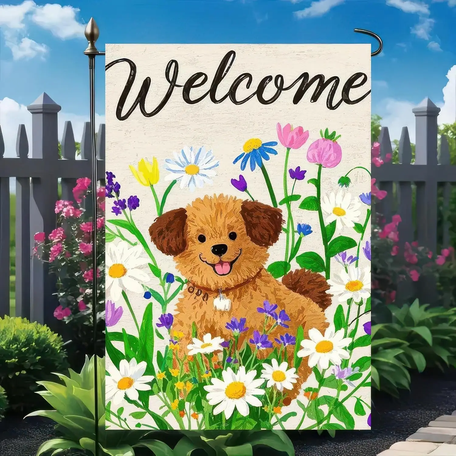 Welcome Spring Garden Flag 12x18 Inch Double Sided Cute Puppy Daisy Small Flags For Outside Outdoor Decor Farmhouse Holiday  SSL
