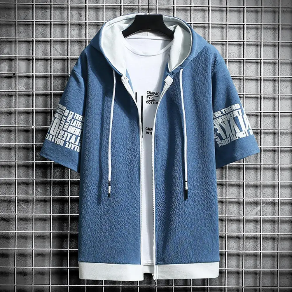 Hooded Fake Two Piece Men T-shirt Short Sleeve Color Block Drawstring Zip Up Men T-shirt Coat Summer Zipper Jacket Casual Tee