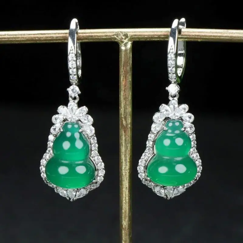 

Grade A Myanmar Green Jadeite Drop Earring Women Healing Gemstone Fine Jewelry Genuine Burma Jade Zircon Gourd Dangle Earrings