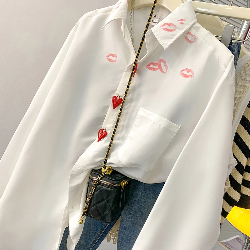 French Style Turn Down Collar Blouse Spring New Print Heart Button White Long Sleeve Blouses Harajuku Loose Lip Shirt Women