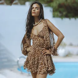 Ladies Sexy Hollow Out Lantern Sleeve Leopard Mini Summer Dress Women Chiffon Backless Lace Up Beach Dress Sundress Female Robes