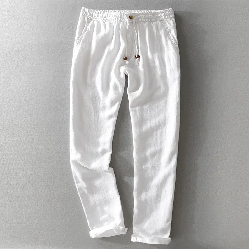 New Men's Linen Trousers Straight Tube Rope Solid Color Casual Linen Trousers Men Breathable