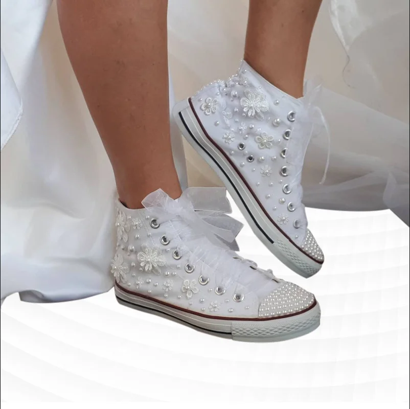 Pearl Flower Lace custom white High Top Sweet banquet wedding Sports Casual canvas shoes large size 35-46