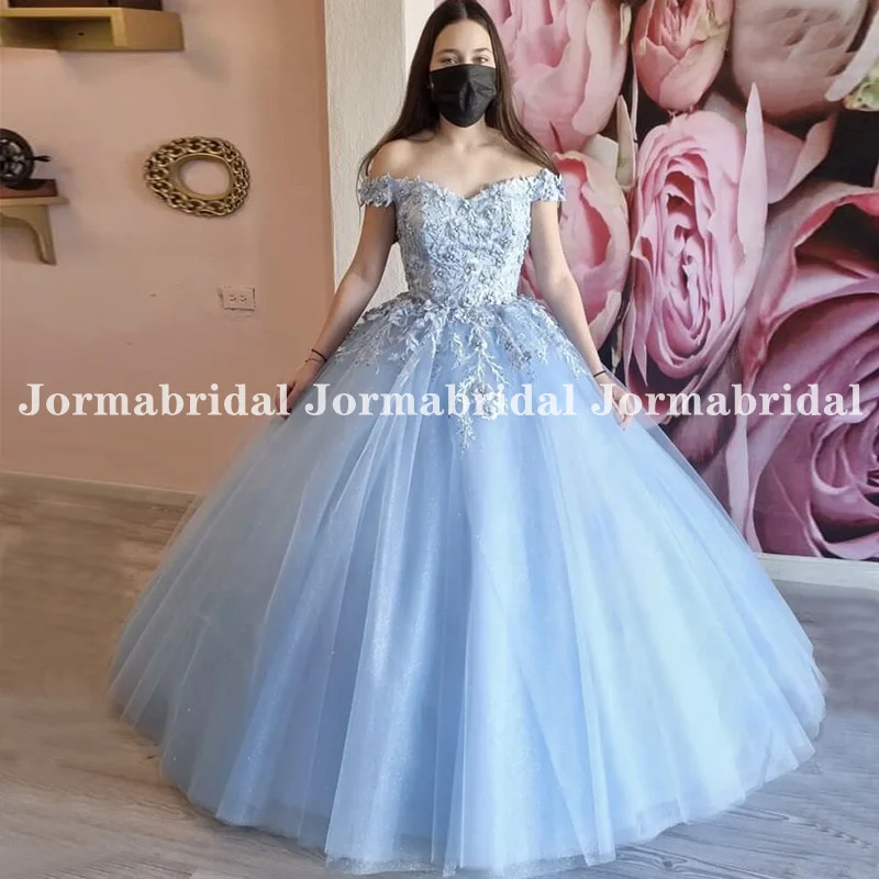 Sky Blue Quinceanera ชุดปิด Shoulder Beaded Appliques เจ้าหญิงชุดไปงานเต้นรำ Tulle ชุดเดรสปาร์ตี้ Vestido De 15อันอ็อต Quinceanera