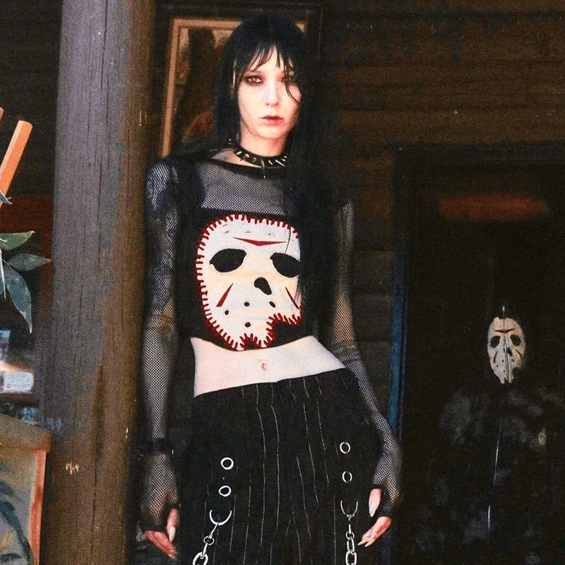 

New online eye splicing short long sleeved T-shirt Y2K Halloween Gothic spicy girl Jason print top emo women's T-shirt