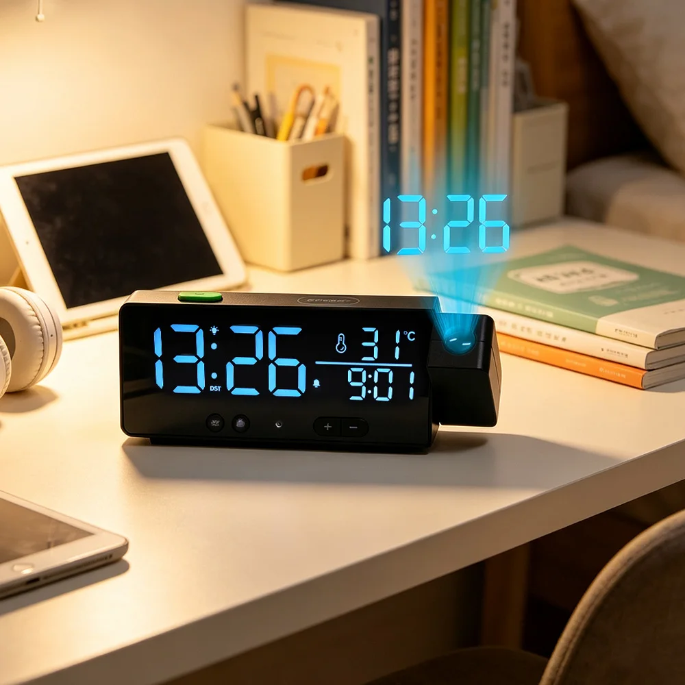1pcThis multi-functional LED digital projection alarm clock features time setting, temperature adjustment, a single alarm clock,