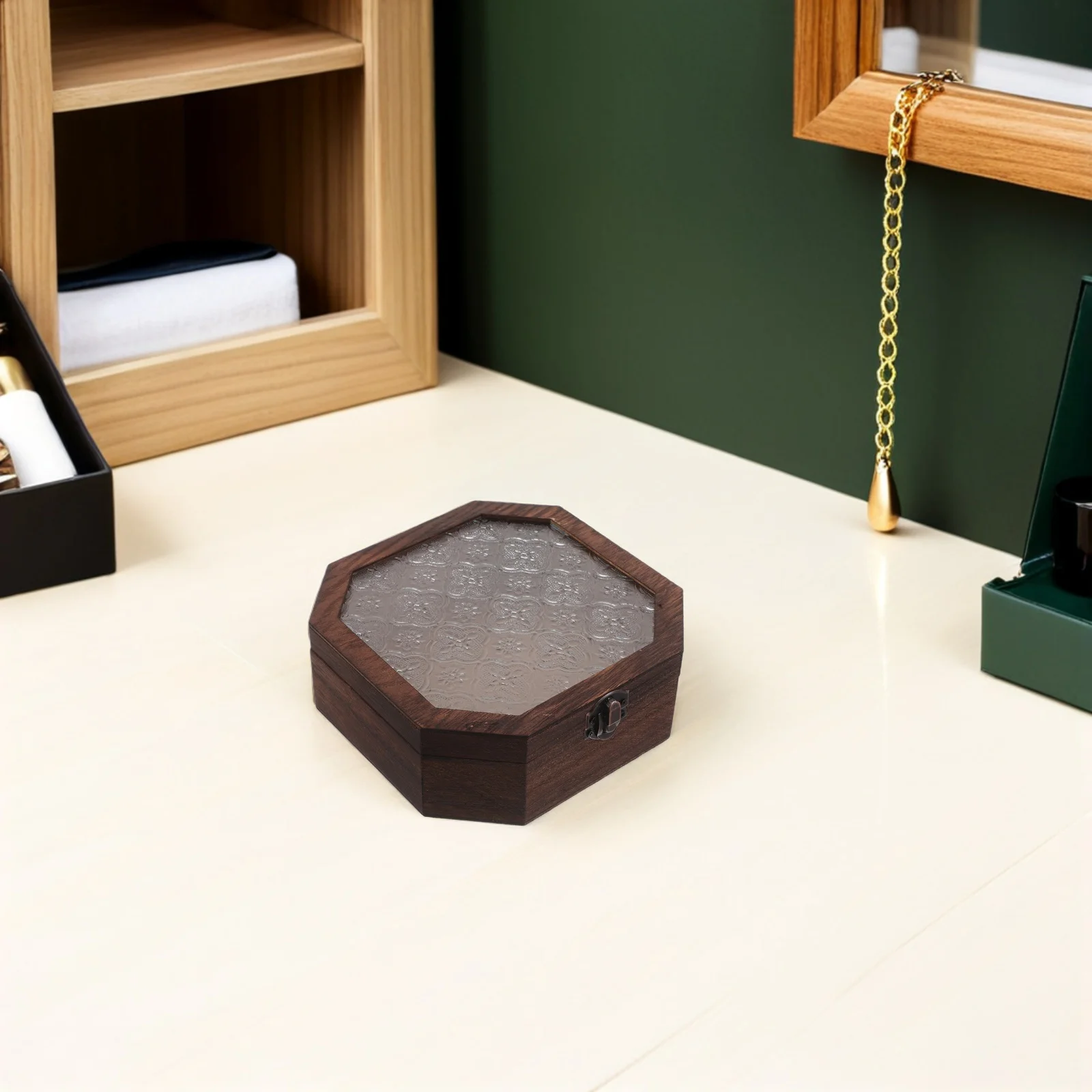 منظم المجوهرات الخشبية علبة حلية عتيقة غطاء زجاجي تخزين ريفي الصدر تذكارات صندوق عرض حامل ديكور