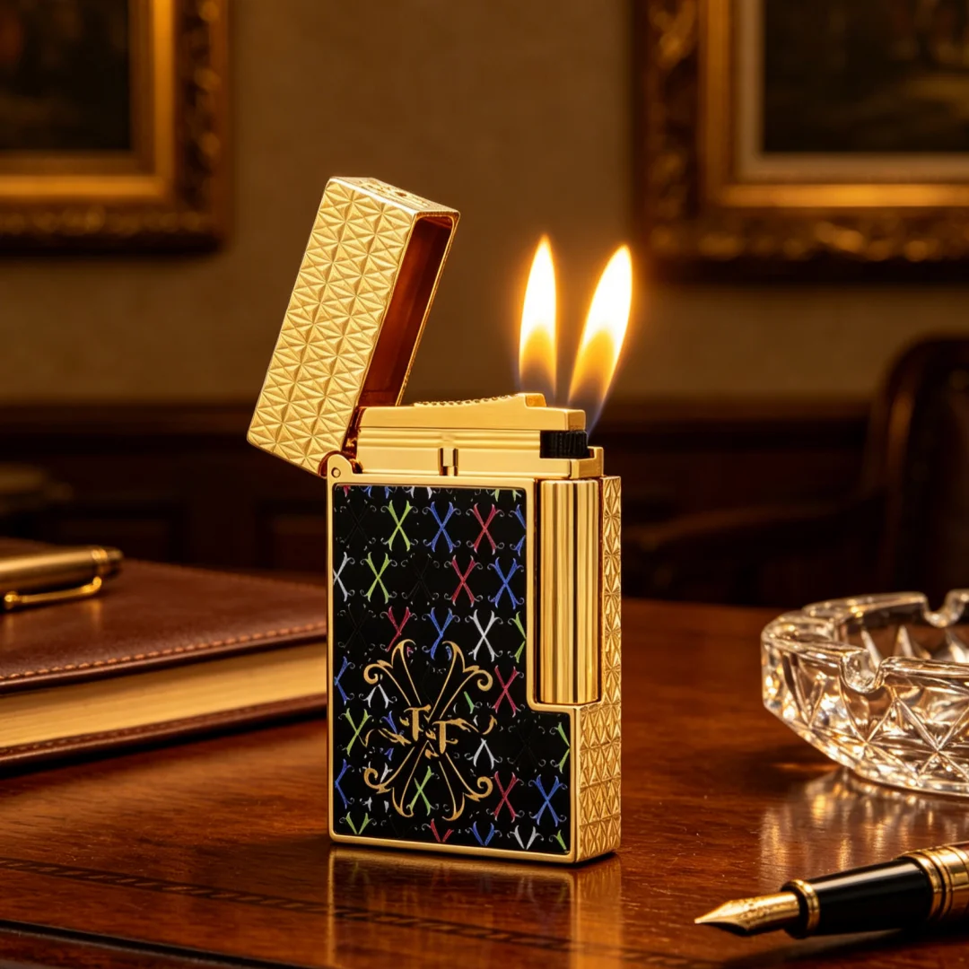 Encendedor de Gas de Llama Única con Acabado Lacado Multicolor, Recargable, Herramienta Premium para Cigarros y Tabaco, Ideal para Fumadores y Colecciones de Alta Gama
