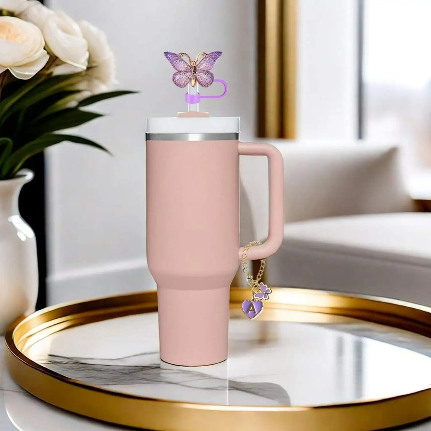 Butterfly Decorative Straw Toppers for Stanley Cups Cross-Border Resin Silicone Cup Sleeves with Letter Design Straw Brushes Inc