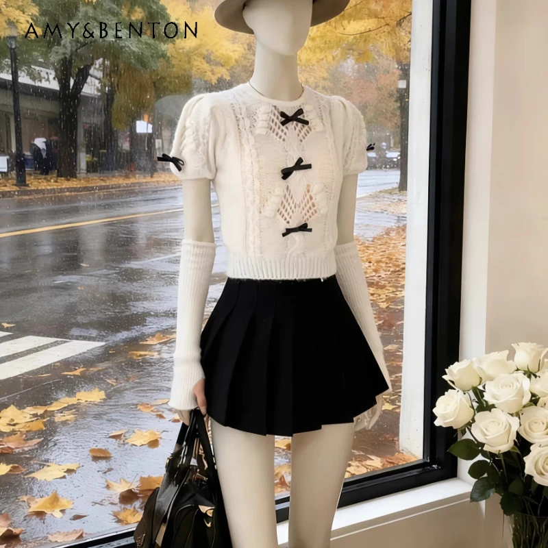 

French Style Design Temperament Bow Puff Sleevees Women's Knit Sweater 2026 Spring Summer New White Short-sleeve T-shirts Ladies