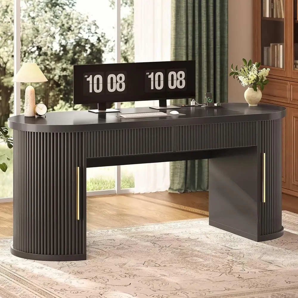 Spacious 58.3 Dual Desk with Sliding Storage and Power Outlet, Ideal for Home Office or Living Spaces, Black