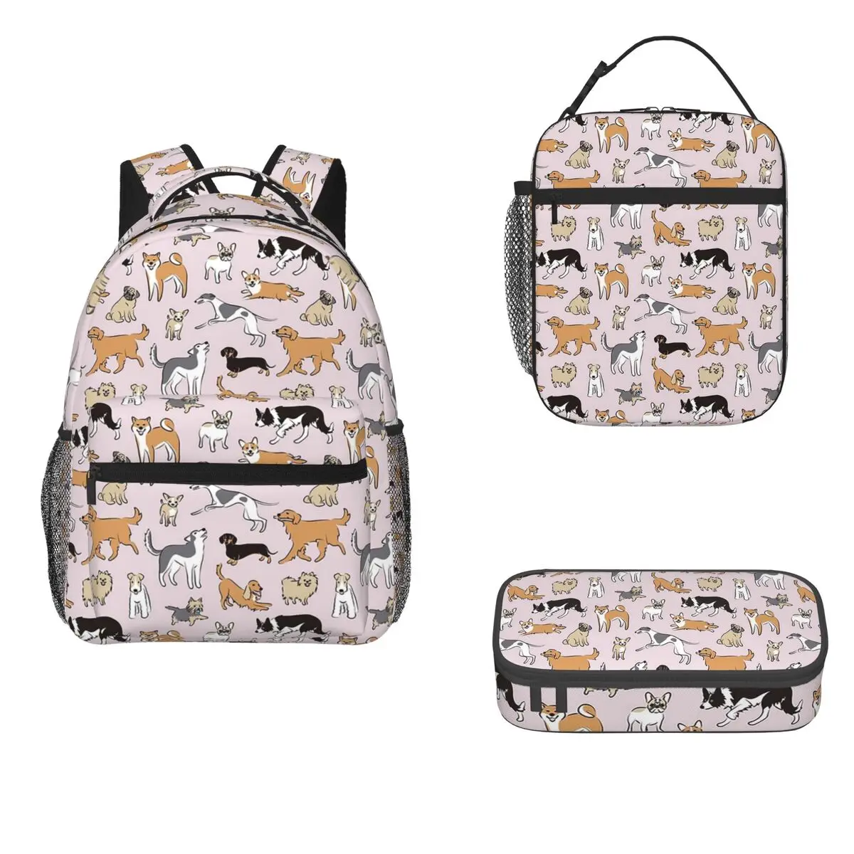 

Dogs Fun Pink Backpacks Boys Girls Bookbag Students School Bags Cartoon Kids Rucksack Lunch Bag Pen Bag Three-Piece Set