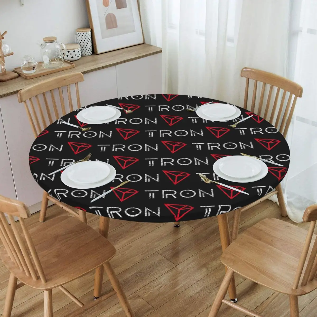 Tron TRX Distressed Crypto Trader Logo Waterproof Round Tablecloth Oilproof Table Cloth for Kitchen Events Dining Table Cover