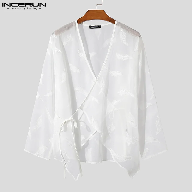 INCERUN-Tops de estilo coreano para hombre, camisas de Organza Sexy con correa de plumas, cárdigan fino de manga larga, blusa S-5XL, 2024