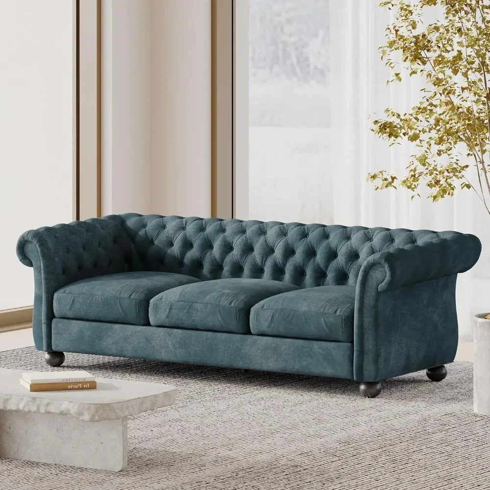 

Elegant Tufted Fabric Sofa Couch, 3-Seater Sofa, Removable Cushions and Covers, Luxurious Scrolled Arms Upholstered Sofa