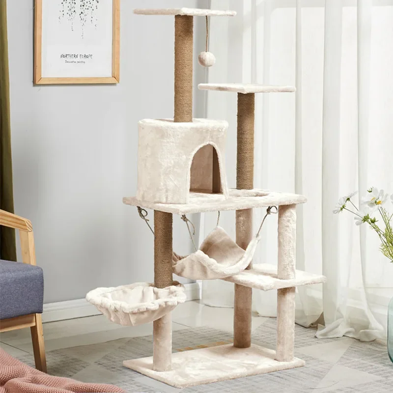 Multilevel Cat Tree House Wooden  Climbing Tower Sisal Rope Scratching Posts Plush Cloth Hammock House Condos Pet