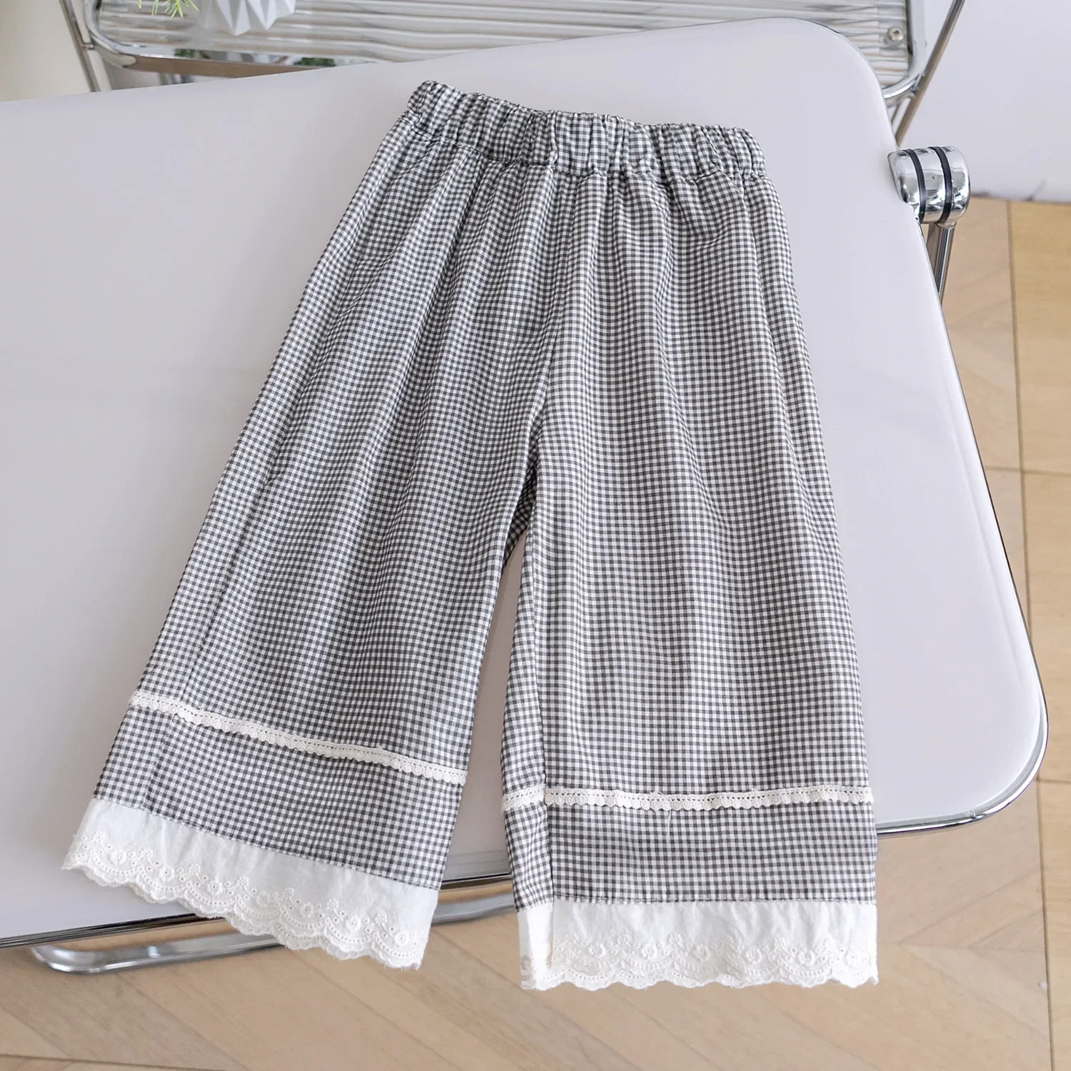

Girls' Mosquito Repellent Pants 2025 New Stylish Checkered Pants for Baby Girls, Lace Lace Straight Leg Casual Pants