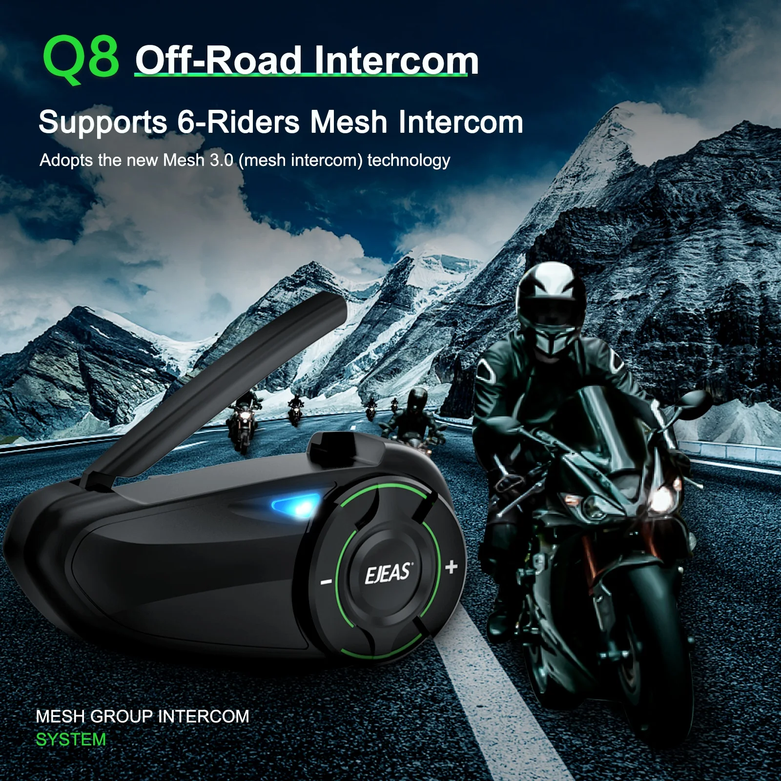 EJEAS Q8 Bluetooth 5.1 Motorhelm Headset Intercom, met EUC Remote Walkie Talkie, voor 6-rijders die op realtime praten IP67