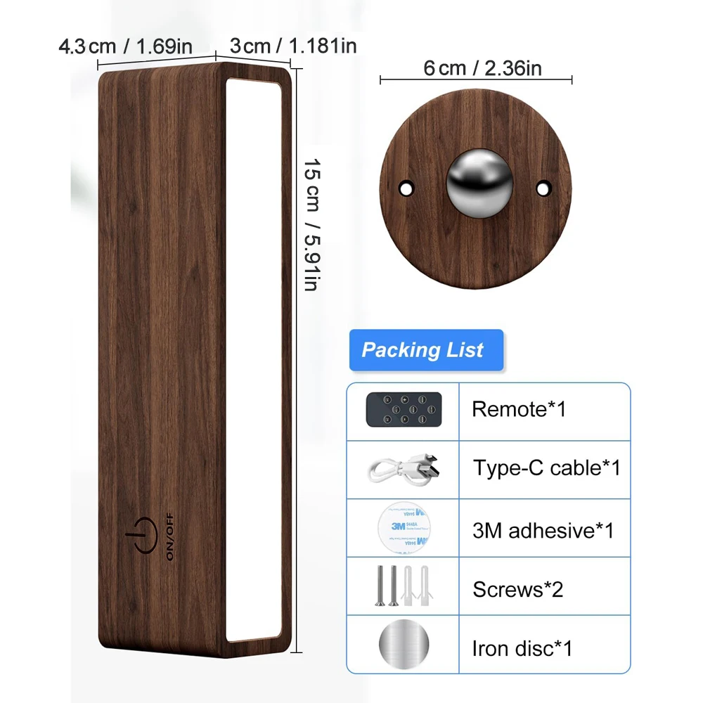 مصباح حائط LED مغناطيسي لاسلكي محمول للقراءة من النوع C قابل لإعادة الشحن 360 درجة °   مصباح كشاف لخزانة التحكم عن بعد